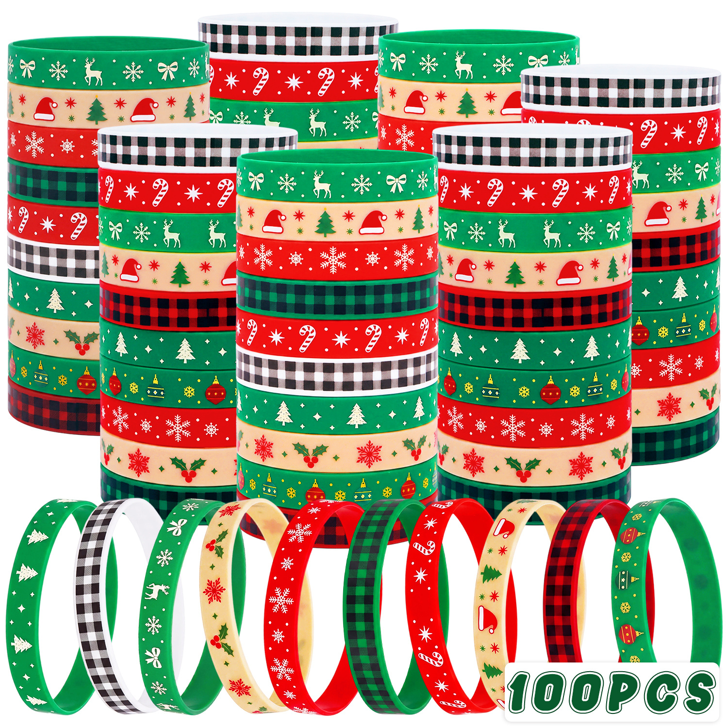 TEMU Lot de 100 bracelets de poignet en silicone de Noël , adaptés aux cadeaux de fête avec de neige, , sapin de Noël et à carreaux - Bracelets et