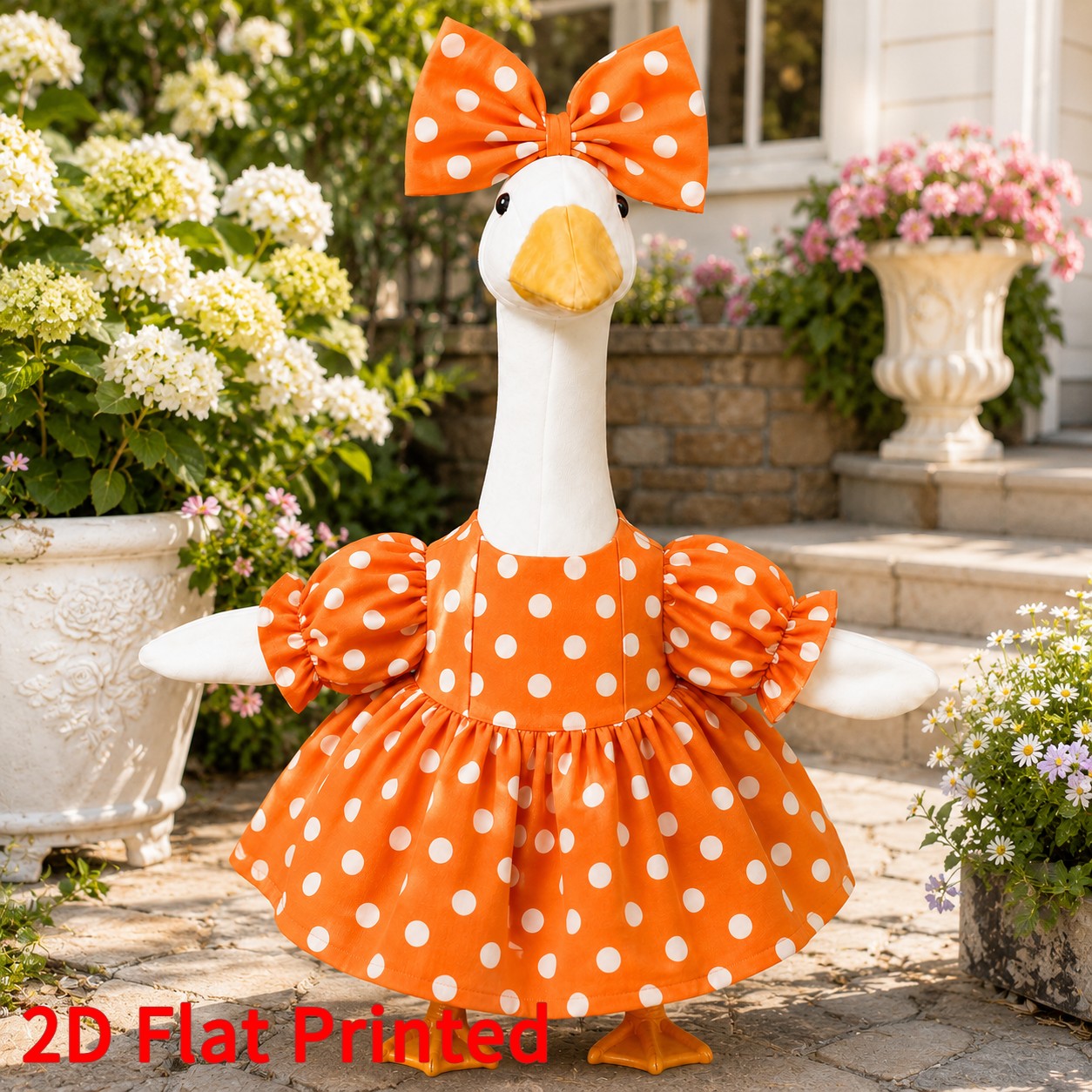 Orange Polka Dot Porch Goose Outfit With Oversized Bow, Cute Puff Sleeve Dress, 2d Flat Print Seasonal Costume, Farmhouse Yard Statue Clothing, Fits 23-inch Porch Goose, Summer Fall Gift