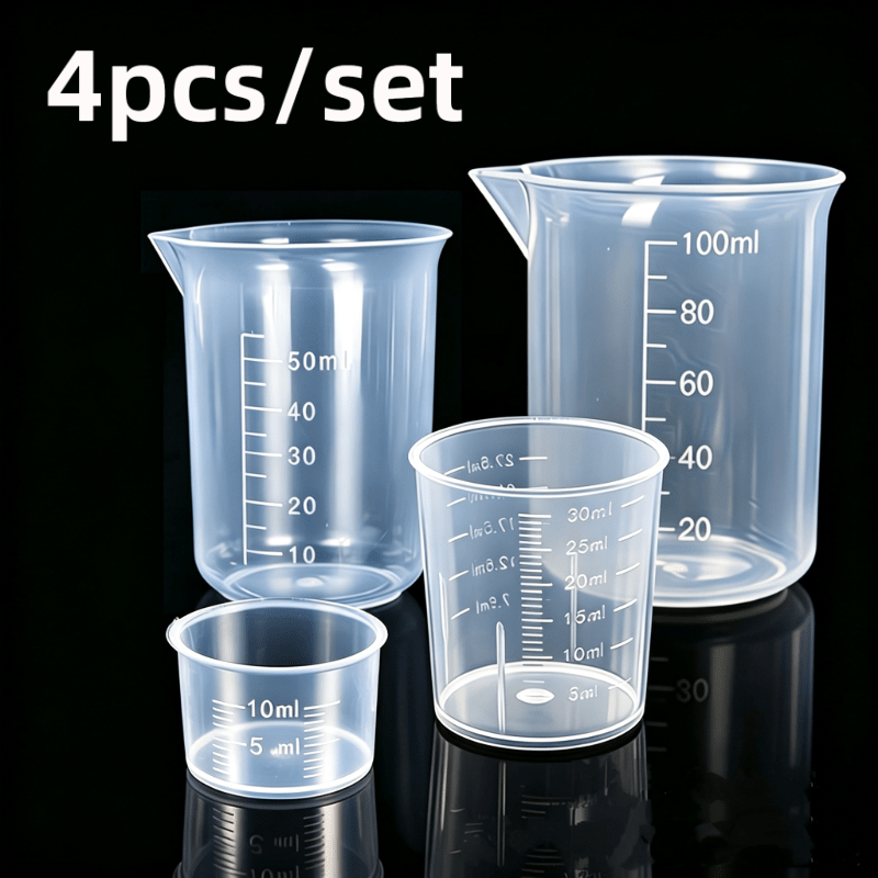 Image of 4pcs Plastic Transparent Measuring Cups Laboratory Beakers With Graduations, Reusable Durable Precise Multifunctional Tools, Specifications 0.34oz/1.01oz/1.69oz/3.38oz, Suitable For Jewelry Making