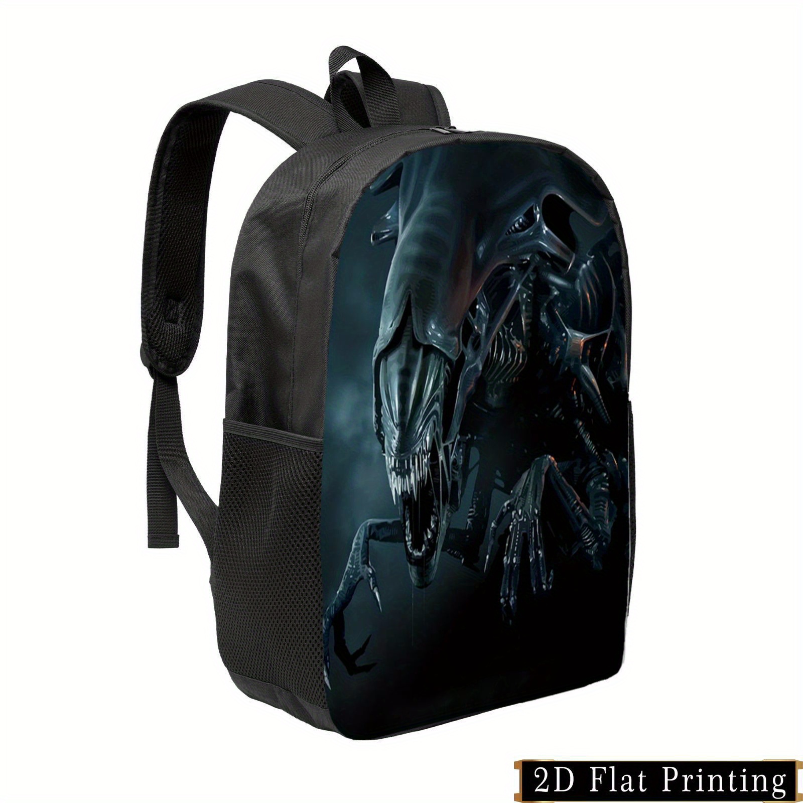 Science Fiction Alien Backpack - Stylish Black Student Bag with Adjustable Straps, Large Capacity, and Side Pockets, Perfect for School or Travel, Casual Design, Hand Washable, Student Backpack | Edgy Backpack | Durable Zipper Closure, School Backpac