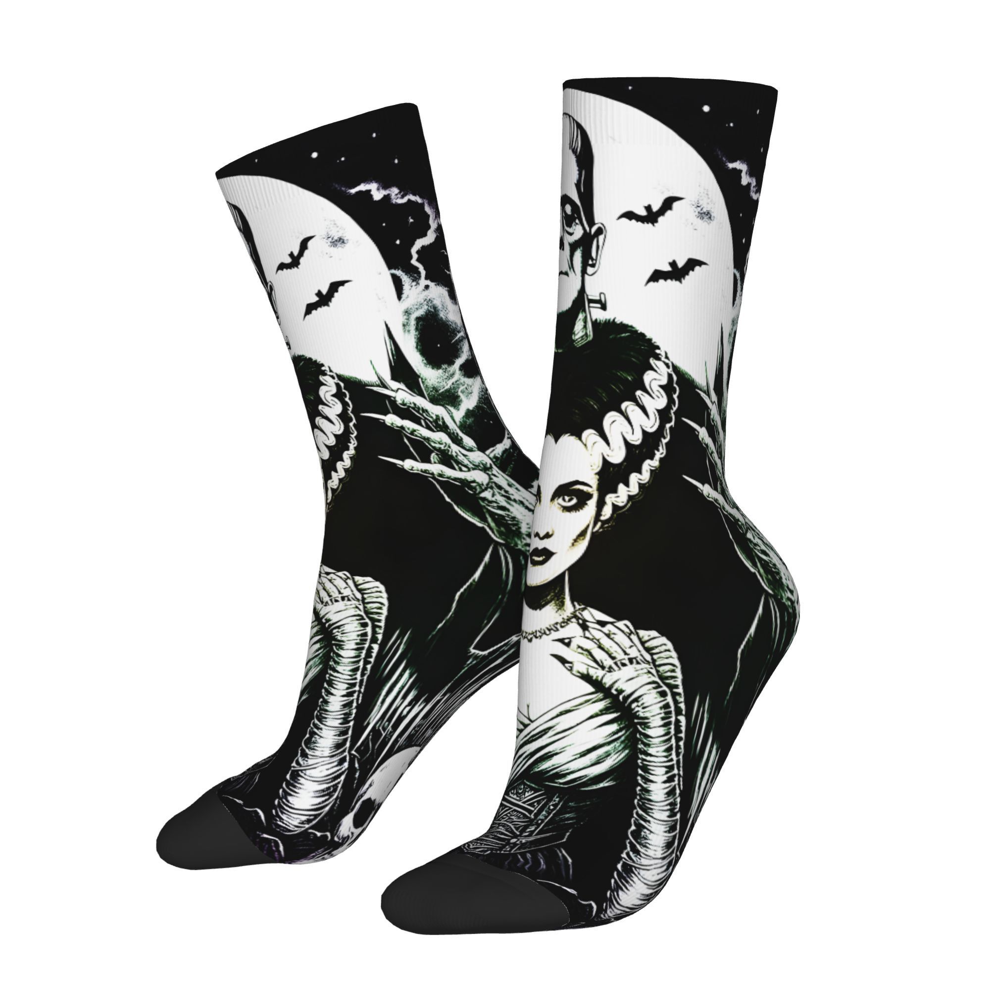 

1 Pair Novelty Men's Bride Of Printed Crew Socks, Polyester Knit Fabric With Elastane, Hand Washable, Unique Hip Hop Style Socks For Halloween Gift