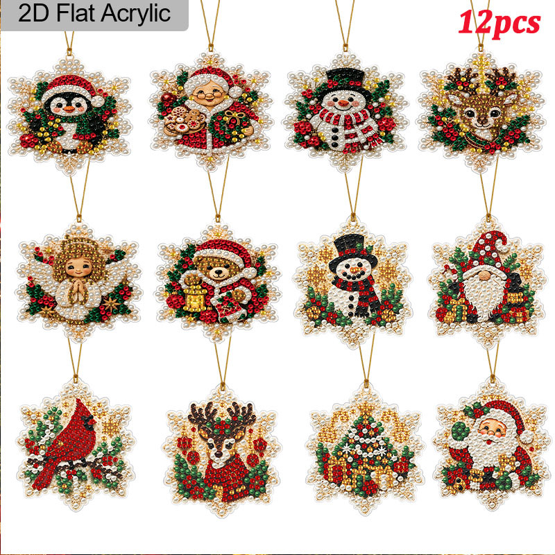 TEMU Kit de 12 pièces de décorations de Noël 2D plates à peindre au diamant et perles acryliques à faire soi-même, adaptées pour la décoration de