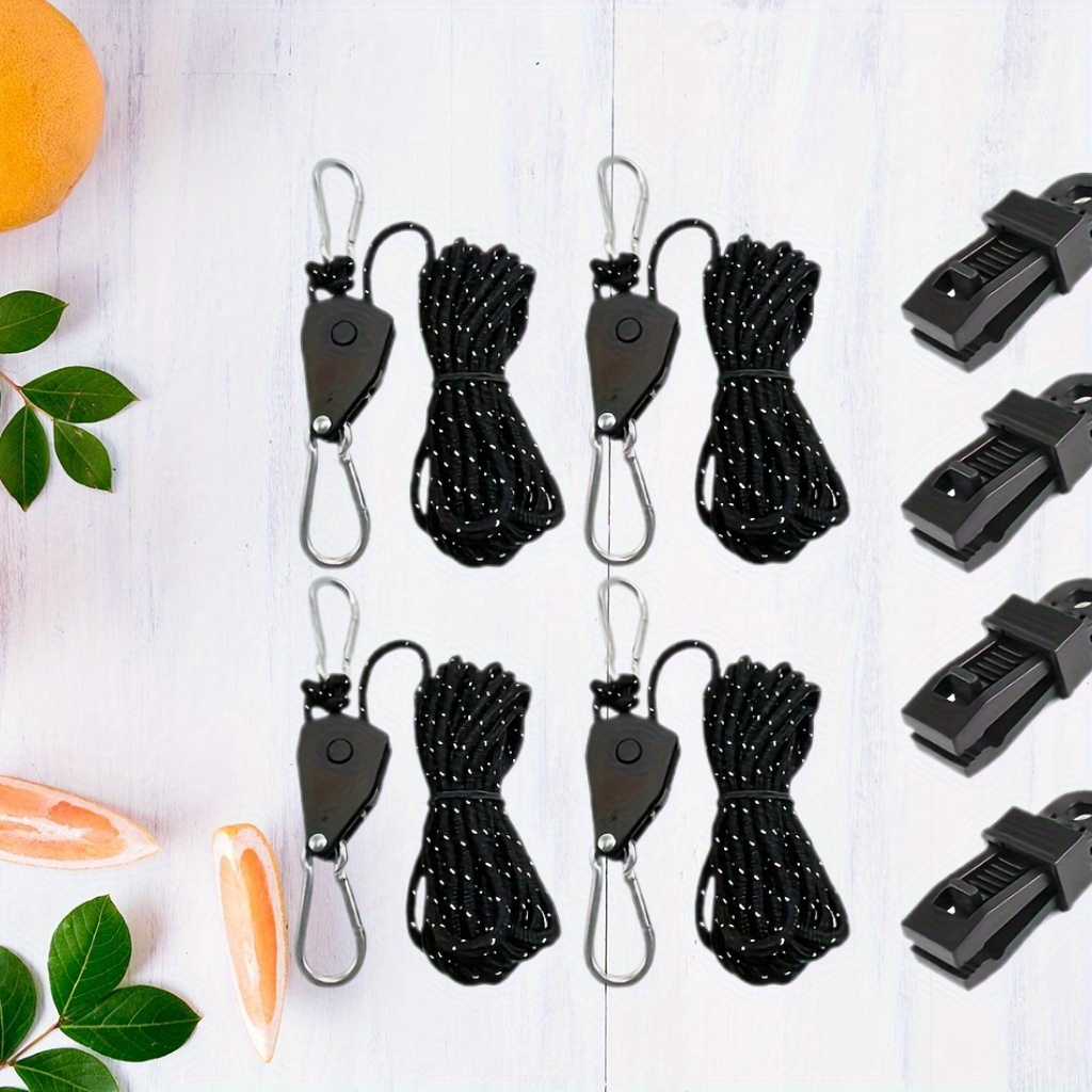 TEMU 8pcs Camping Rope Set With Reflective Line And Tent Clips, Suitable For Outdoor Camping, Hiking, Rv Awning Fixing Straps, Pulleys, Fabric Clips,