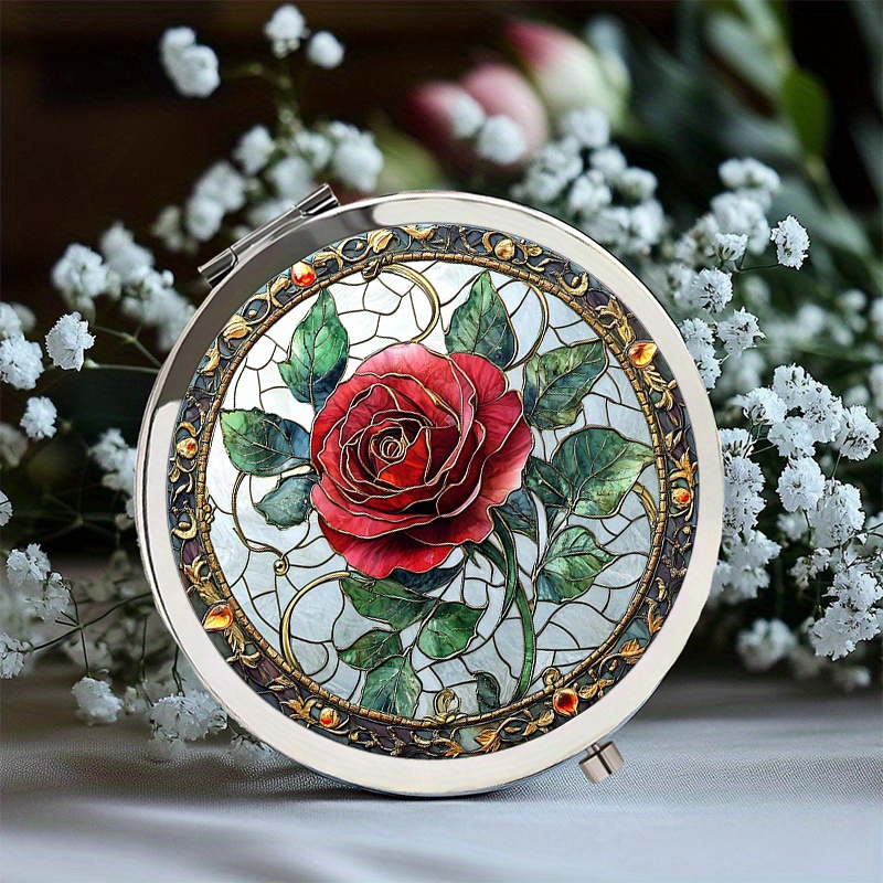 TEMU 1pc Portable Pliant Rond à Main avec Design de en Verre Teinté - Verre , Pliant Idéal pour , Routine Beauté, Cadeaux & Occasions Spéciales -