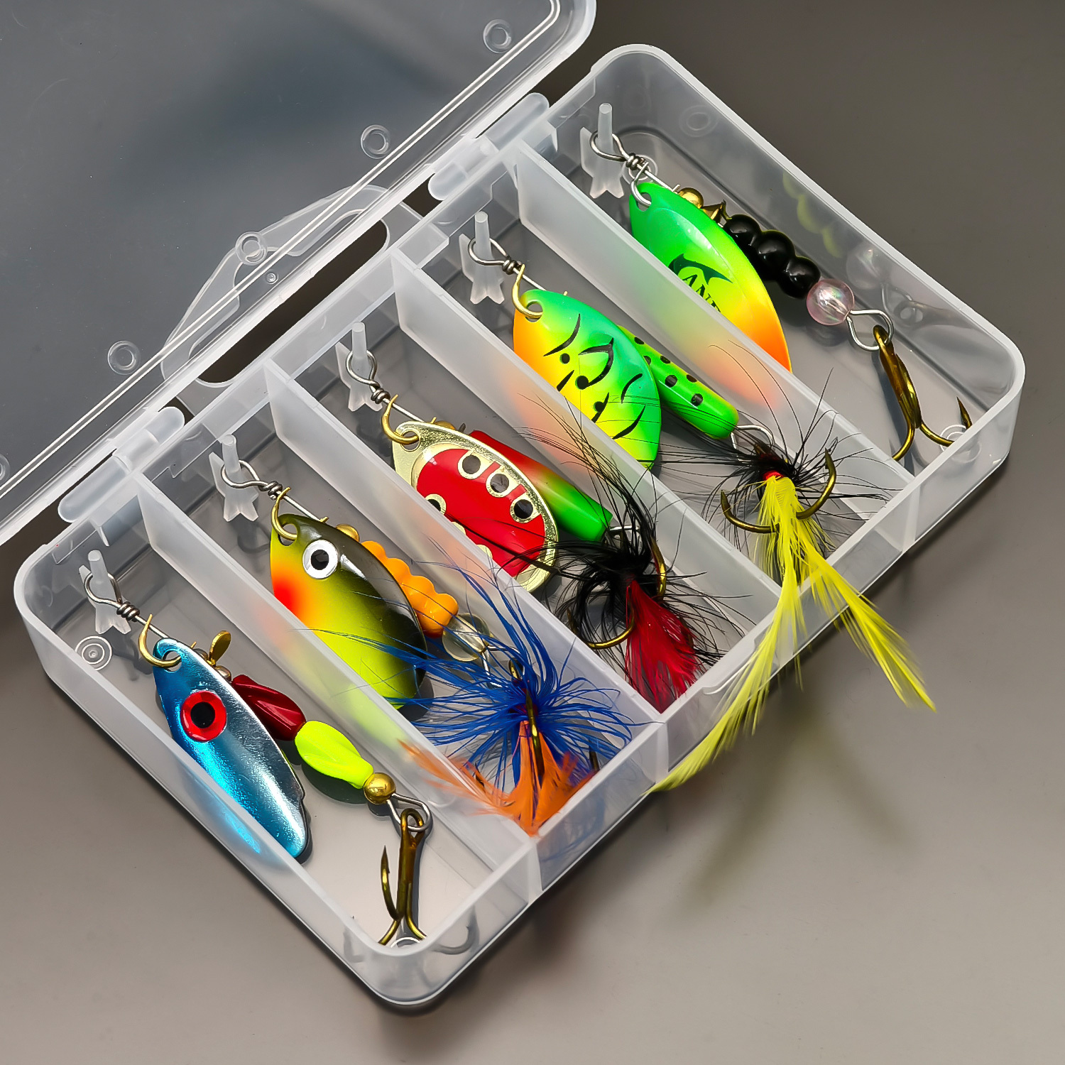 TEMU ANFS Kit de 5 leurres de pêche type cuillère tournante à paillettes rotatives avec hameçon en métal dur et boîtes de pêche, cadeaux