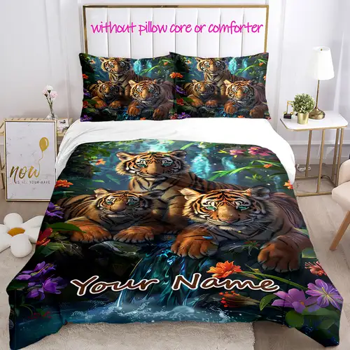 3-teiliges cartoon-tiger-bettwäsche-set, individueller name, ganzjahres-polyester-bettbezug mit reißverschluss und 2 kissenbezügen, digitaldruck, reißfest, maschinenwaschbar - bettdecke nicht im lieferumfang enthalten - haushalt & küche