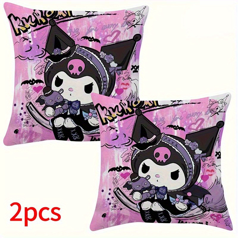 Image of 2pcs For Kuromi Cushion Pillows - Kawaii For Kuromi Printed Pillow Covers With Zipper Closure, Plaid Pattern, Polyester, Hand Wash Living Room Sofa Home Decor (no Filling), Decorative Pillows