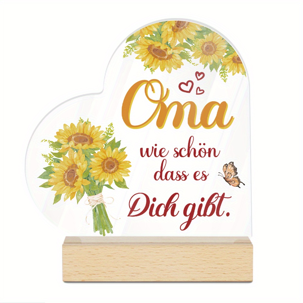 Image of 2d Flat, 1pc Putuo Decor German Quote Acrylic Sign With Wooden Base - "oma, Wie Schön Dass Es Dich Gibt" - Sunflower & Design Desktop Decoration For Home, Room, Bedroom - Ideal Gift For , Cute Decor