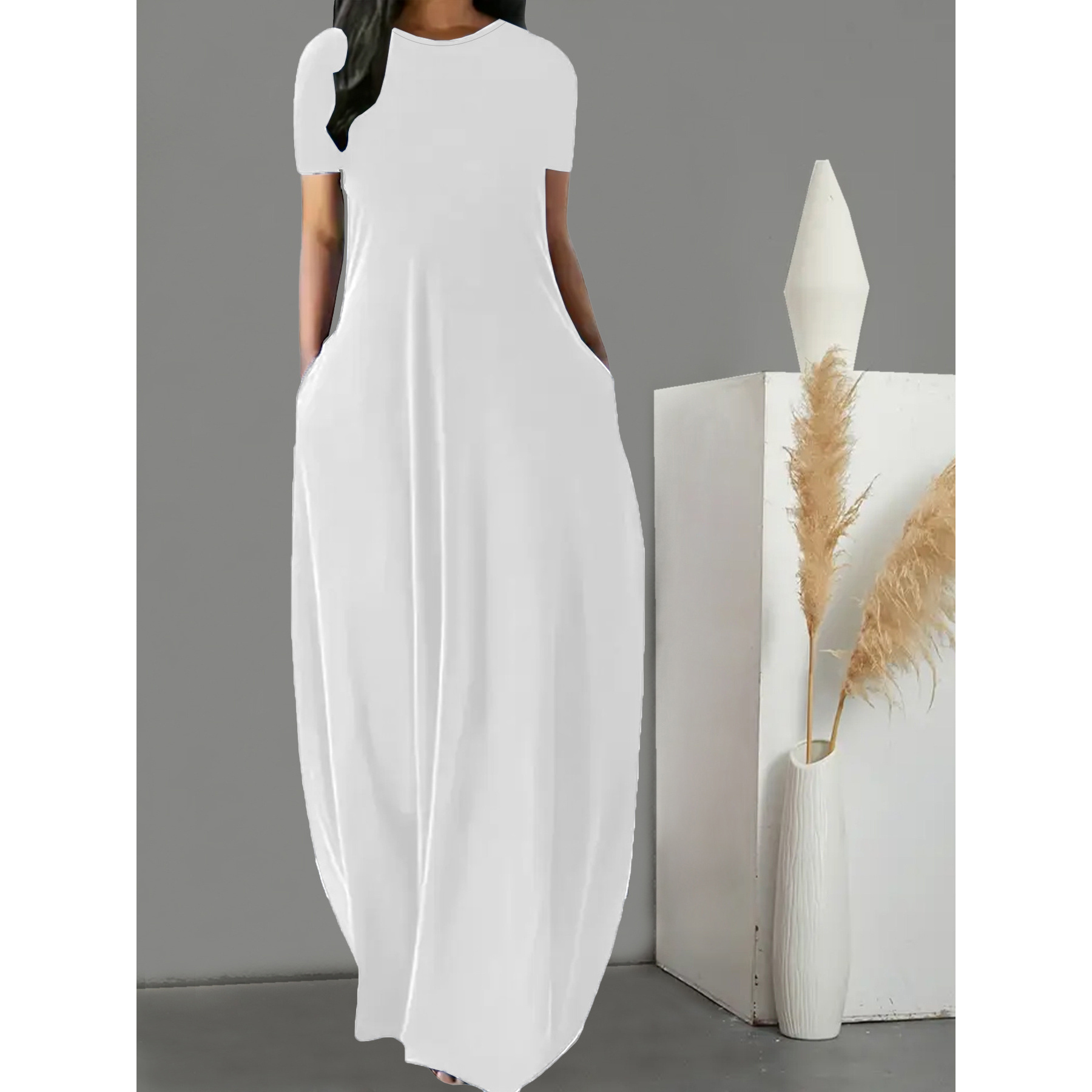 TEMU Solid Color Round Neck Loose Long Dress With Pockets, Spring Summer, Women's Casual Short Sleeve Long Dress