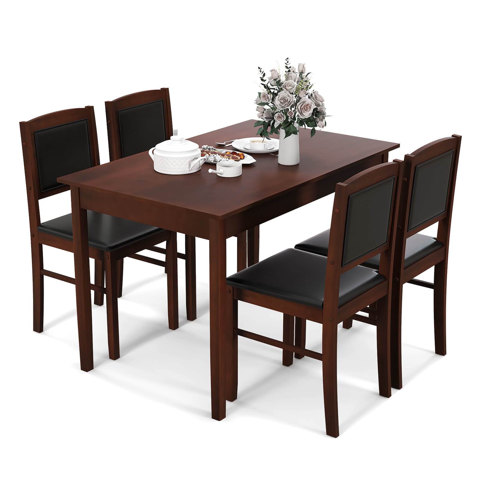 TEMU Multigot 5pcs Dining Set For 4, Farmhouse Wooden Rectangular Table & 4 Upholstered Chairs W/ Rubber Wood Legs, Padded Seat & Backrest,
