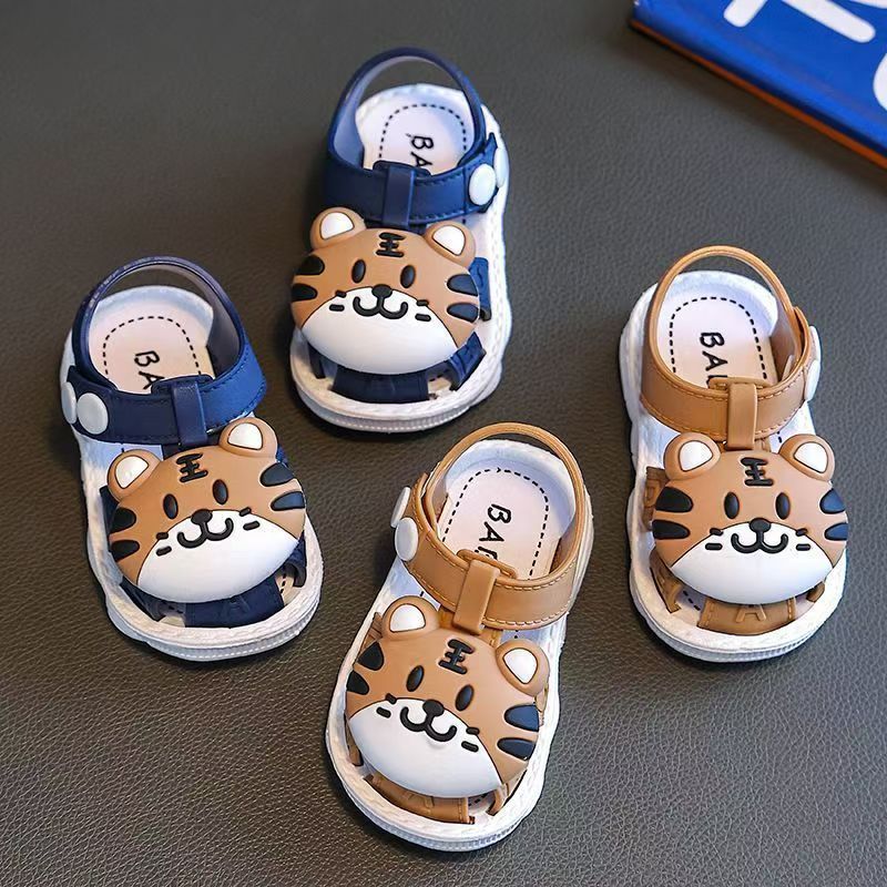 Infant Cartoon Tiger Sandals for Boys and Girls - Summer 2024 Soft Sole Anti-Slip Toddler Walking Shoes with Buckle Closure, Low Top, PVC Upper, Sole and Insole - Baby Protective Toe Cap Sandals