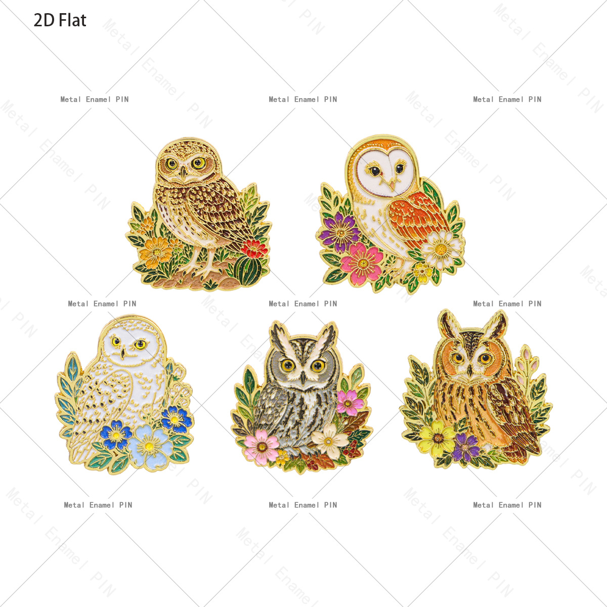 TEMU 2d Flat, 2d Flat 5pcs Floral Owl Enamel Pin Owl With Metal Lapel Badges, Cute Bird Animal Brooches For Backpack Jacket Decoration, Bird Lover