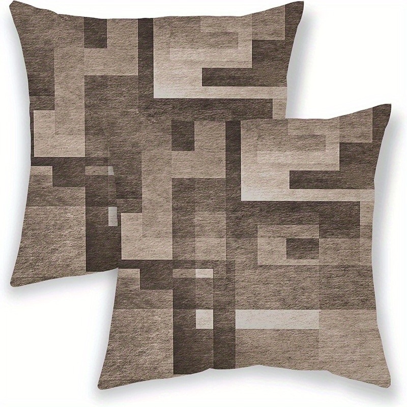 TEMU 2d Flat - 2pcs 2d Flat Printing, Abstract Geometric Pattern Pillow Covers, Beige-brown-black Main Tone, Modern Minimalist Decor Style, Optional,