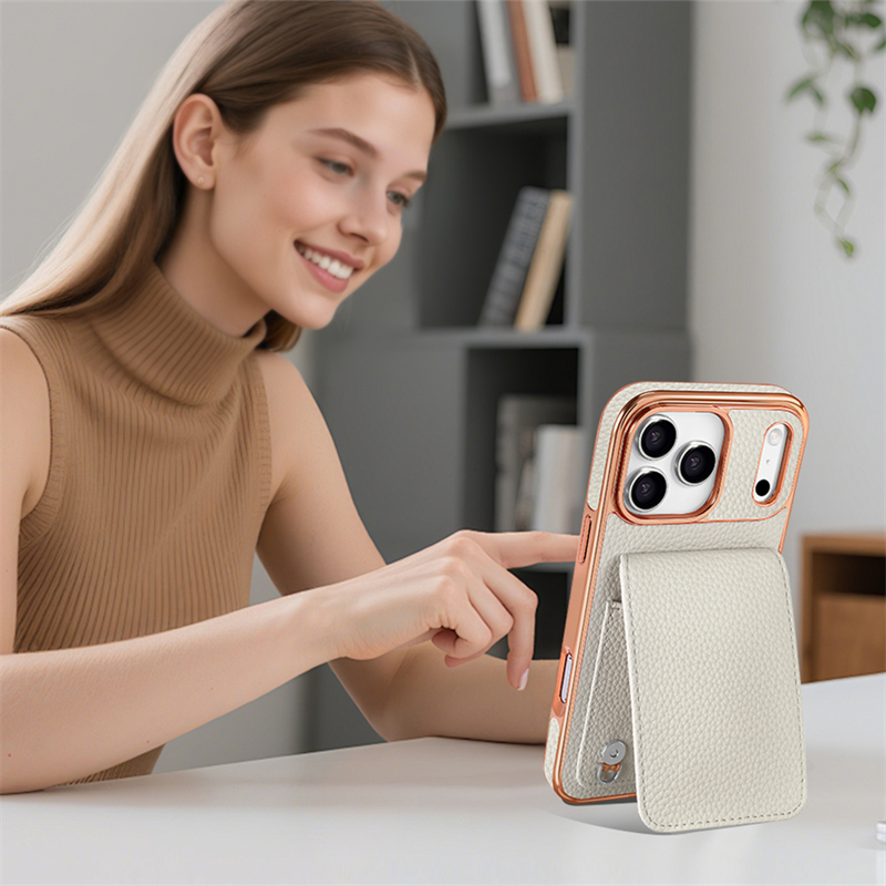 Phone Case: Business PU Lychee Texture Flip Cover Card Holder with Multiple Card Slots, Stand Function, Crossbody Strap, and Full-Body Protective Case with Plated Frame for Apple iPhone 17 Pro Max/17 Pro/17 Air/17