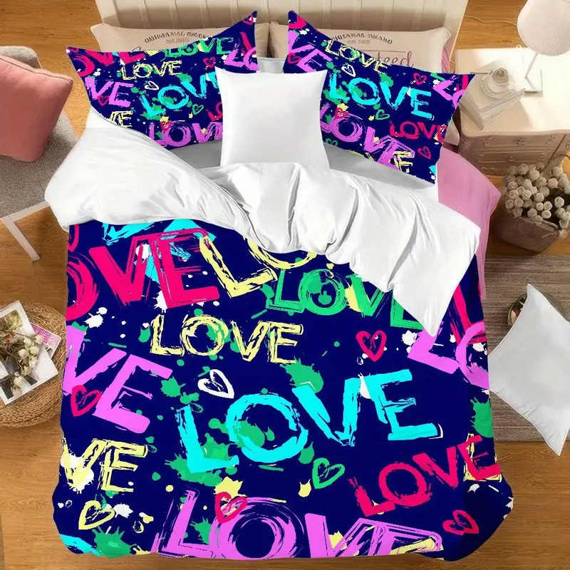 3pcs pattern bedding set - graffiti design duvet cover with pillowcases, navy blue & multicolor , soft microfiber bedding for teen room decor, 1 duvet cover + 2 pillowcases, machine washable zipper closure, , vibrant colors, bedroom collection, bedding set, king size bed comforter, bed comforter sets, king size bed comforter sets, bedroom decor, contemporary design, material, durable fabric, stylish bedrooms, mini Product details 3