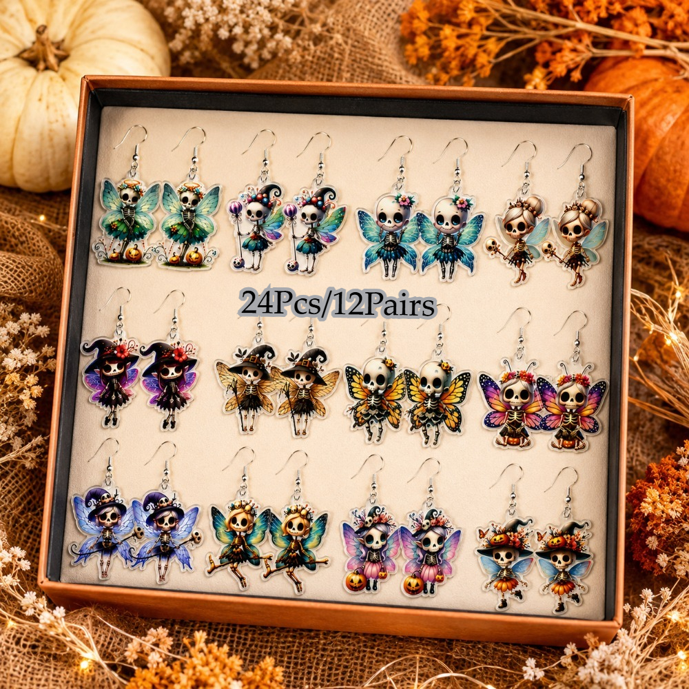 TEMU Lot de 24 pièces/12 paires de boucles d'oreilles en acrylique squelette d'elfe, bijoux de décoration pour fête d'Halloween, boucles d'oreilles