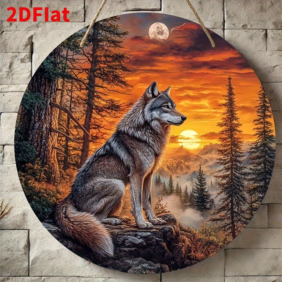 TEMU Art mural plat 2D, 1 pièce, Art mural rond 2D en bois - Loup hurlant, ciel au coucher et pins - Décoration de paysage naturel bohème, convient ,