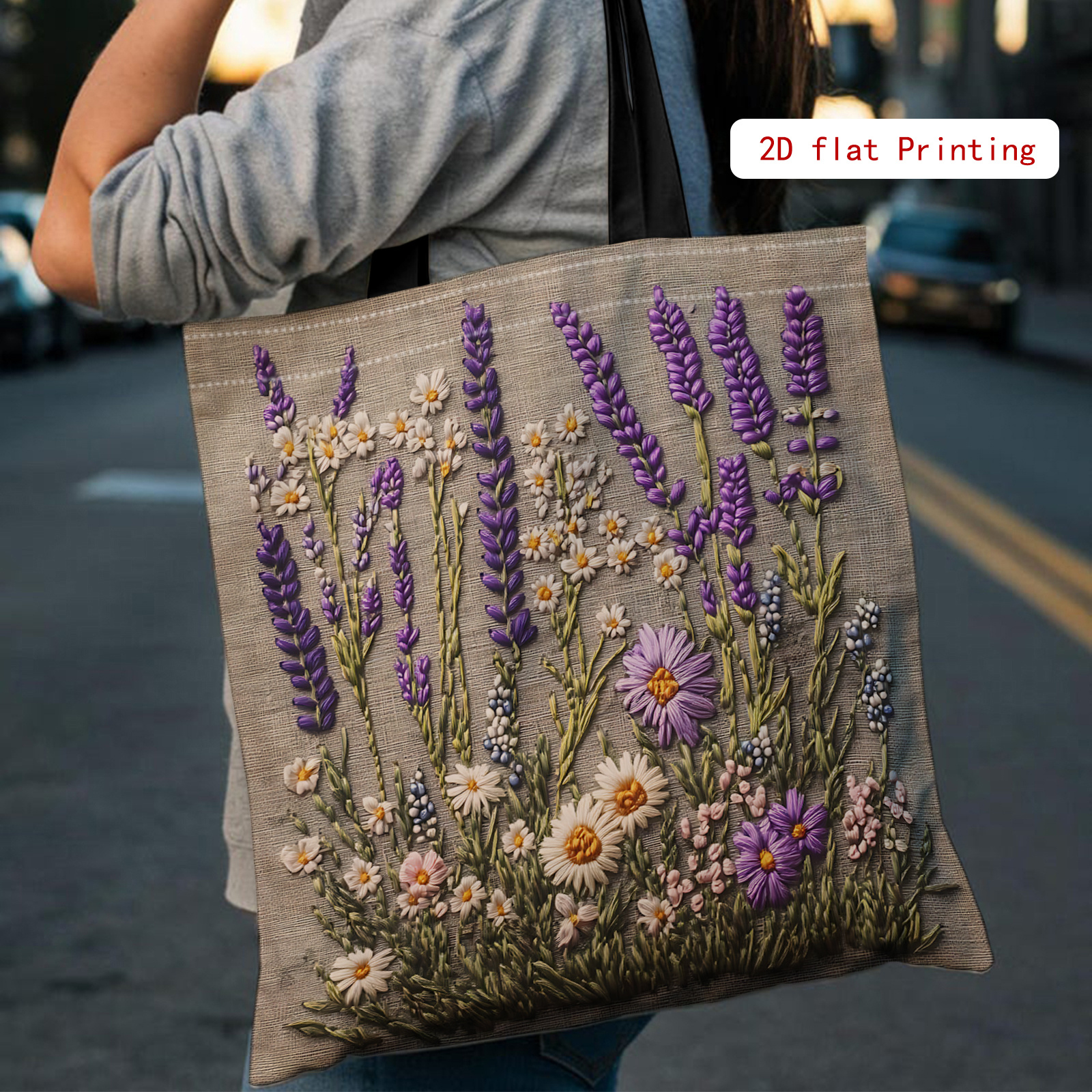 E-shop Handtasche mit 2D-Blumendruck für Thanksgiving, wiederverwendbare Einkaufstasche mit Lavendel-Gänseblümchen, Umhängetasche Tragetasche, für