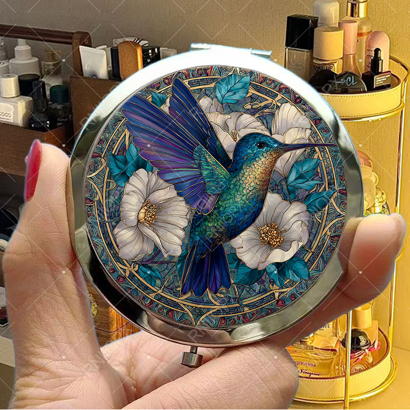 TEMU A Portable 2d Flat Makeup Mirror Featuring Hummingbird Designs Amidst White Blossoms And Teal Foliage, Ideal For Festive Occasions