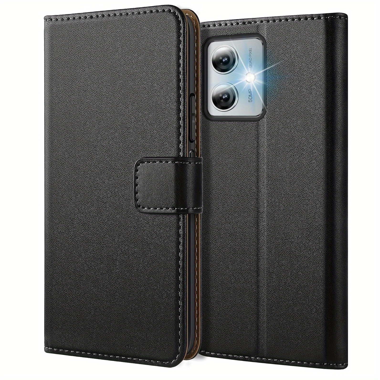 TEMU Phone Case: For Moto G54 5g / Moto G14 Wallet Case With Kickstand Black Faux Leather Flip Protective Phone Case Cover