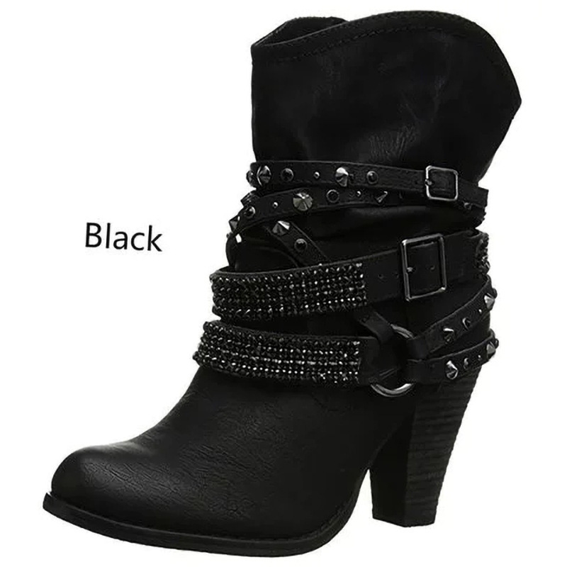 Women' Ankle With Heel & Round Toe - Studded/ Strap, Non-slip Sole Suitable For Daily , Winter, Mid-calf Booties, Soft Sole Comfortable Footwear For Office, Casual, Outdoor, Women Shoes