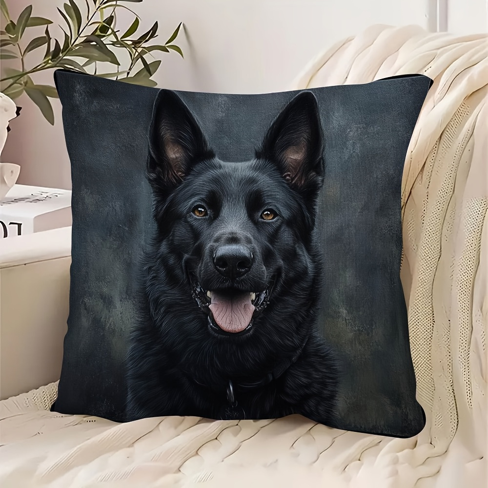 TEMU 2d Flat - 1pc 2d Flat Single-sided Black German Shepherd Pillow Cover, Made Of Soft And Comfortable Polyester Short Plush Fabric, Single-sided