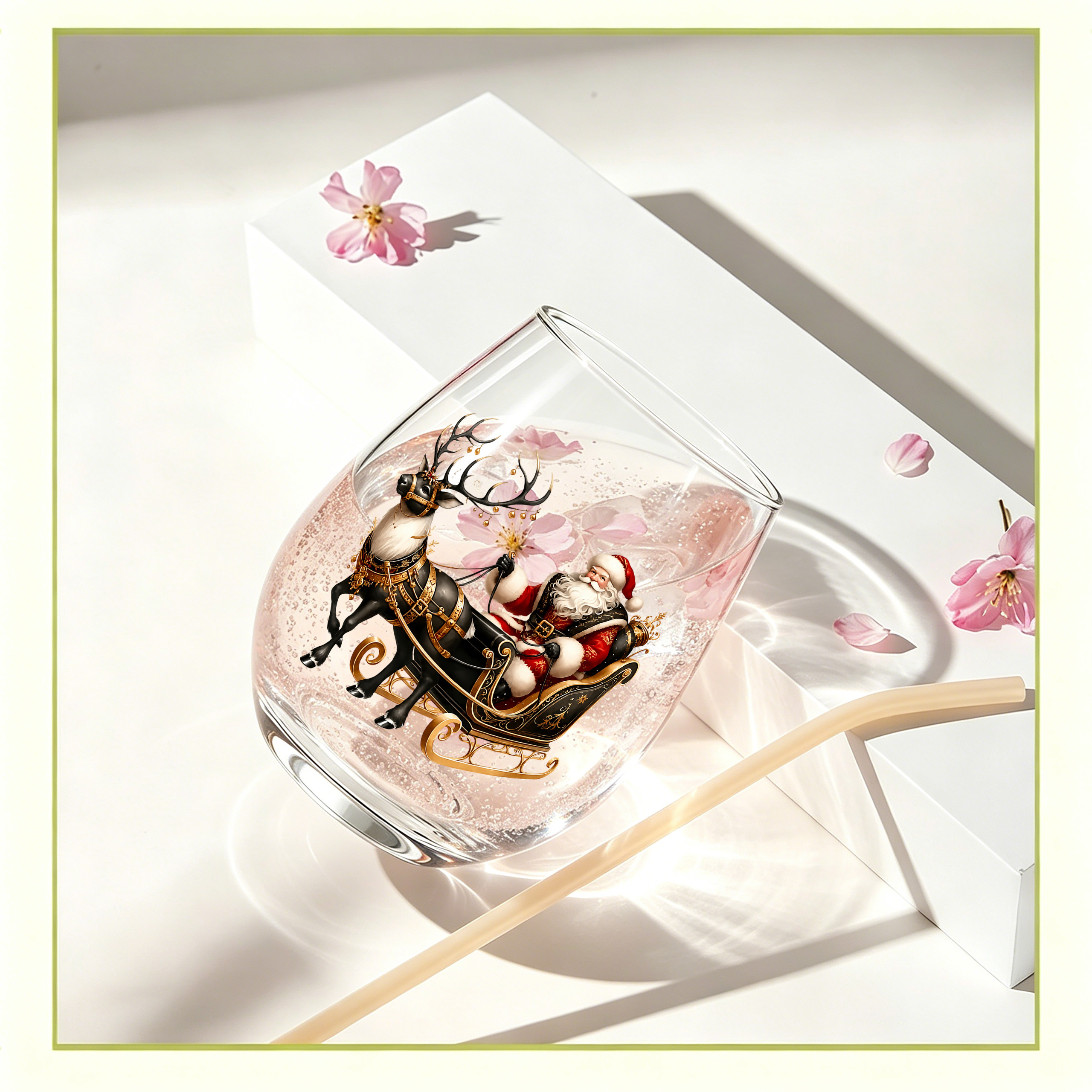 TEMU 1-pack / Reindeer Christmas Sleigh Holiday Pattern, 350ml / Transparent Drinking Glass, Stemless Wine Glass, Egg-shaped Glass, Champagne And