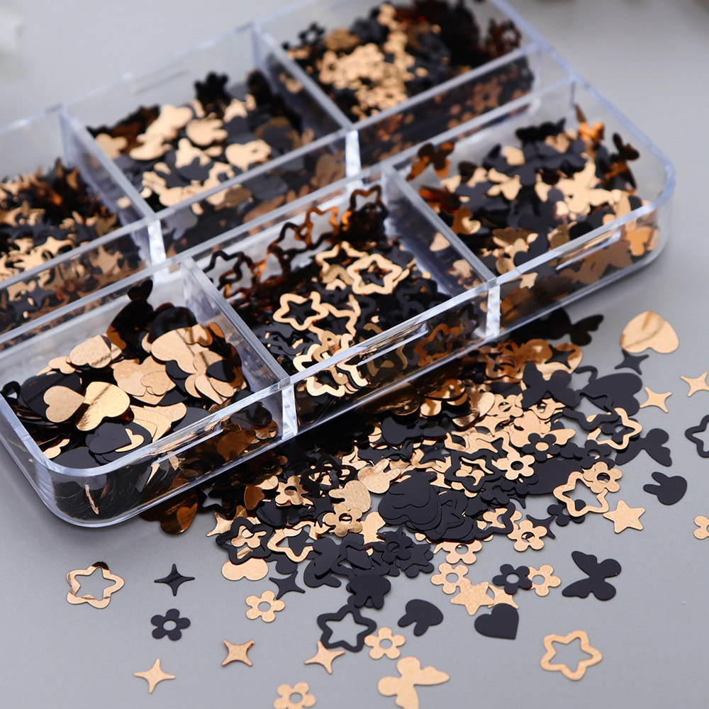 

6-grid Resin Sequin Filler Set, Black, Goldenen, Love Heart & Shapes, Plastic Epoxy Resin Shaker, For Diy Crafts, Jewelry Making Accessories