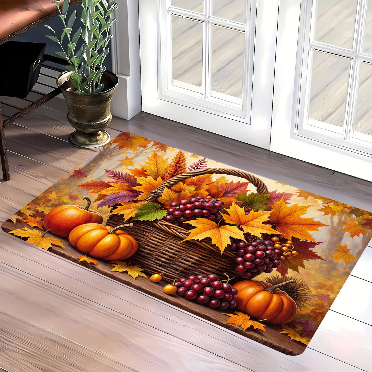 TEMU 2d Flat Printing Pumpkin And Maple Leaf Pattern Doormat, Soft And Comfortable Flannel Floor Mat, Indoor Entrance Door Mat, Suitable For , Living