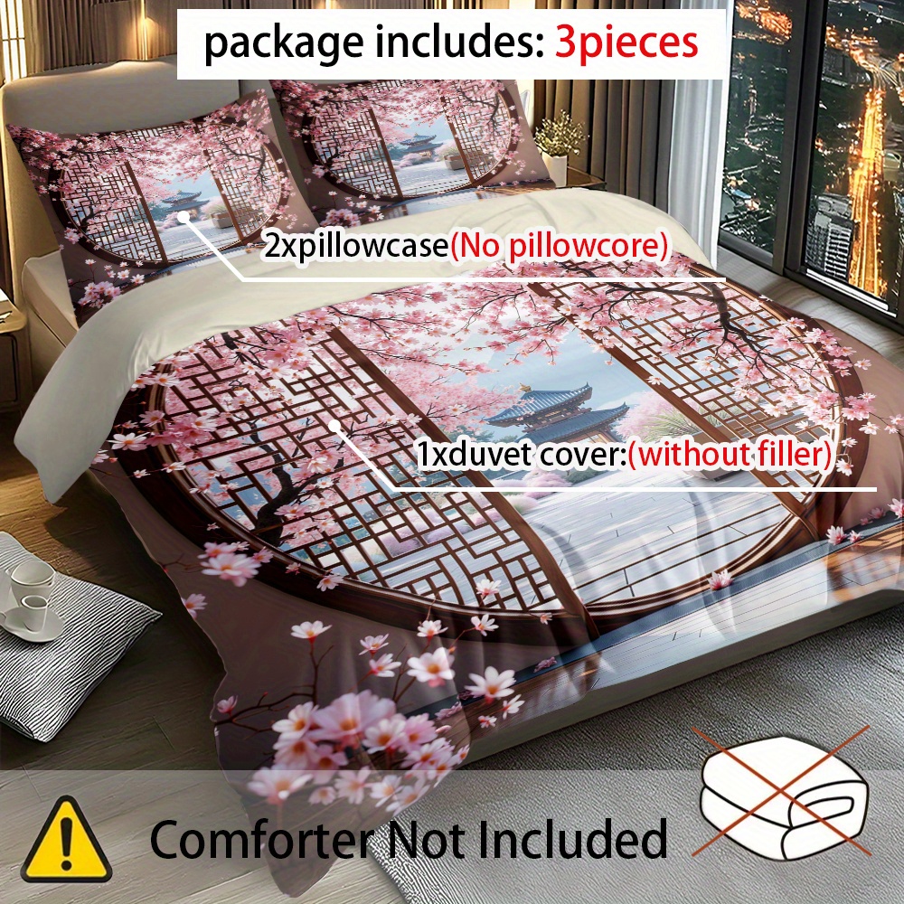 TEMU Ensemble pièces avec impression numérique de cerisiers en fleurs entourant un motif de fenêtre circulaire - 1 housse de couette et 2 taies