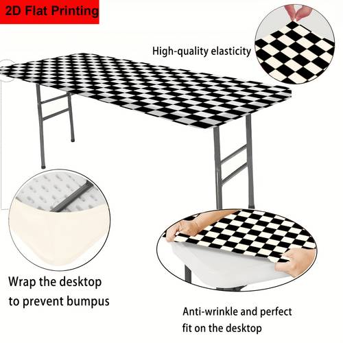 1pc black white chess tablecloth elastic edges washable suitable for camping picnics garden parties rectangular table cover with chess grid for outdoor dining kitchen themed events durable table cover stretch