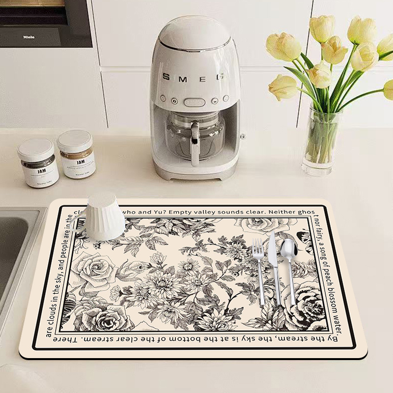 TEMU 1pc, Classical Floral Pattern Absorbent Placemat, Dish Drying Mat, Black And White Vintage Floral Print Design, High-quality Non-slip Rubber