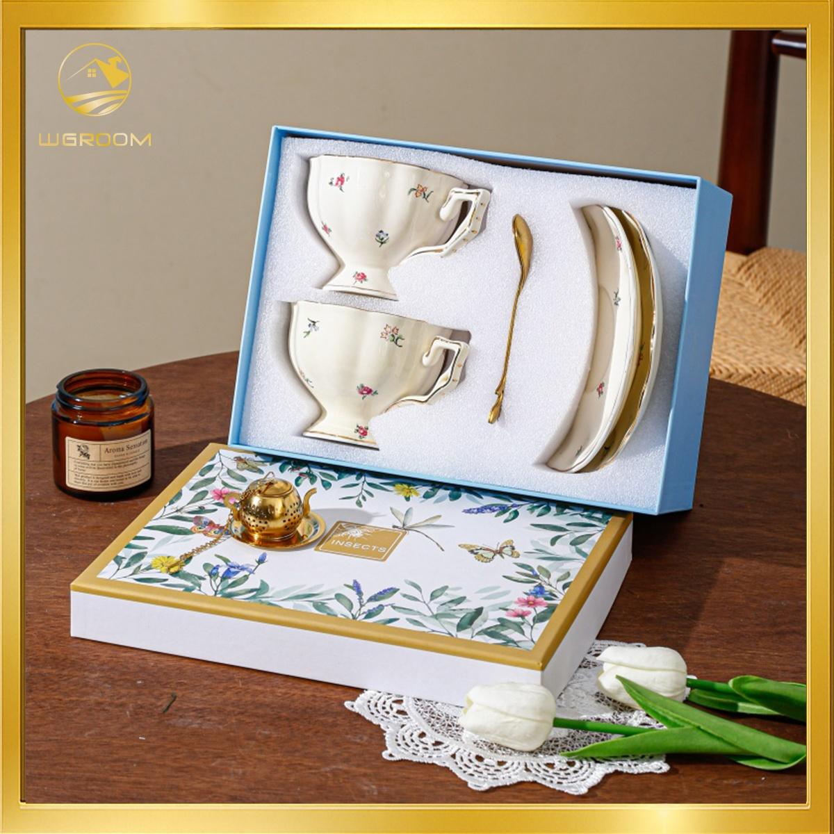 Set of 2 (One Cup, One Plate) And Set of 7 (Two Cups, Two Spoons, Two Pads, One Tea Strainer in a Gift Box). Ceramic Coffee Cups And Plates for Home Kitchens And Dining Rooms, Suitable for American Lattes, Coffee, Tea, And Water