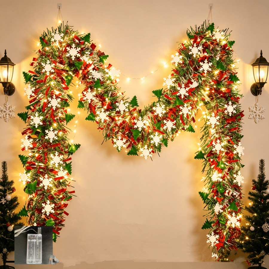 TEMU 2pcs 205cm 1pc Garland And 1pc Lights Christmas Snowflake Tinsel Garland With Led Lights, Christmas Decorations Colorful Lighted Tinsel