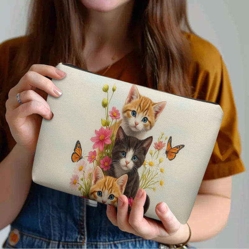 TEMU 1pc Cosmetic Pouch Featuring Adorable Kittens And Butterflies, A Lightweight Toiletry Bag With A Zipper Design, Perfect For Travel And Everyday