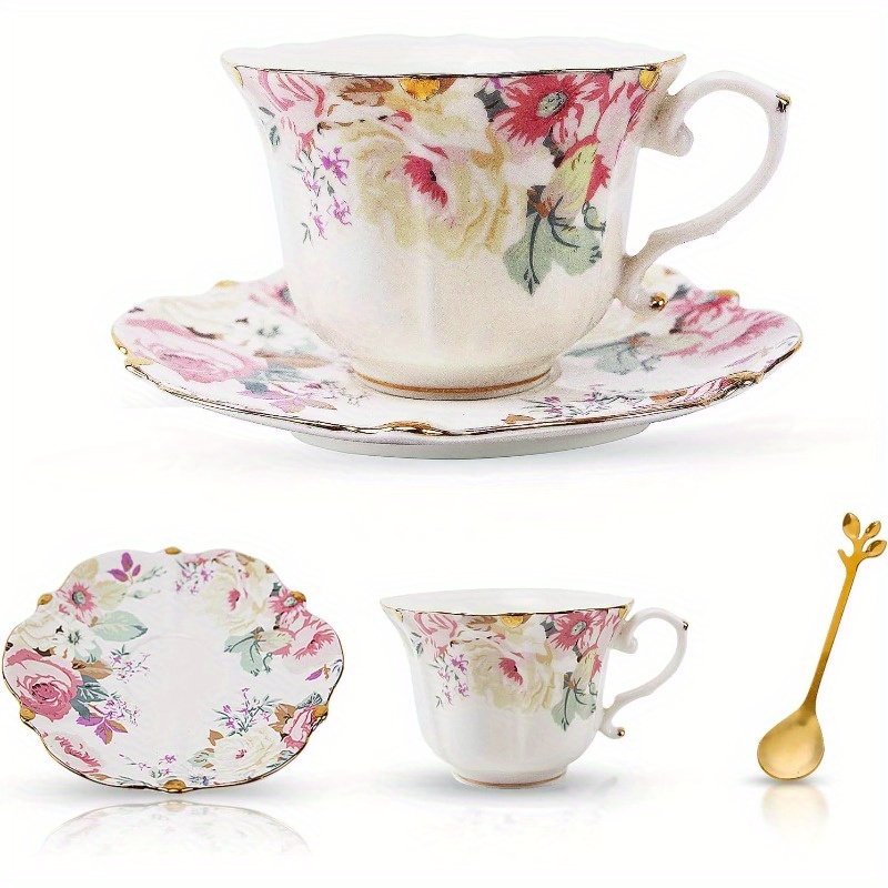 3pcs vintage bone china tea cup and saucer set with spoon     elegant soft pastel colors for women   home decor durable travel friendly   hand wash only tea cup set stylish old money tea cup set cup and saucer tea set chinese tea ware tea cup with handle elegant dining   delicate porcelain   women gifts Product details 2