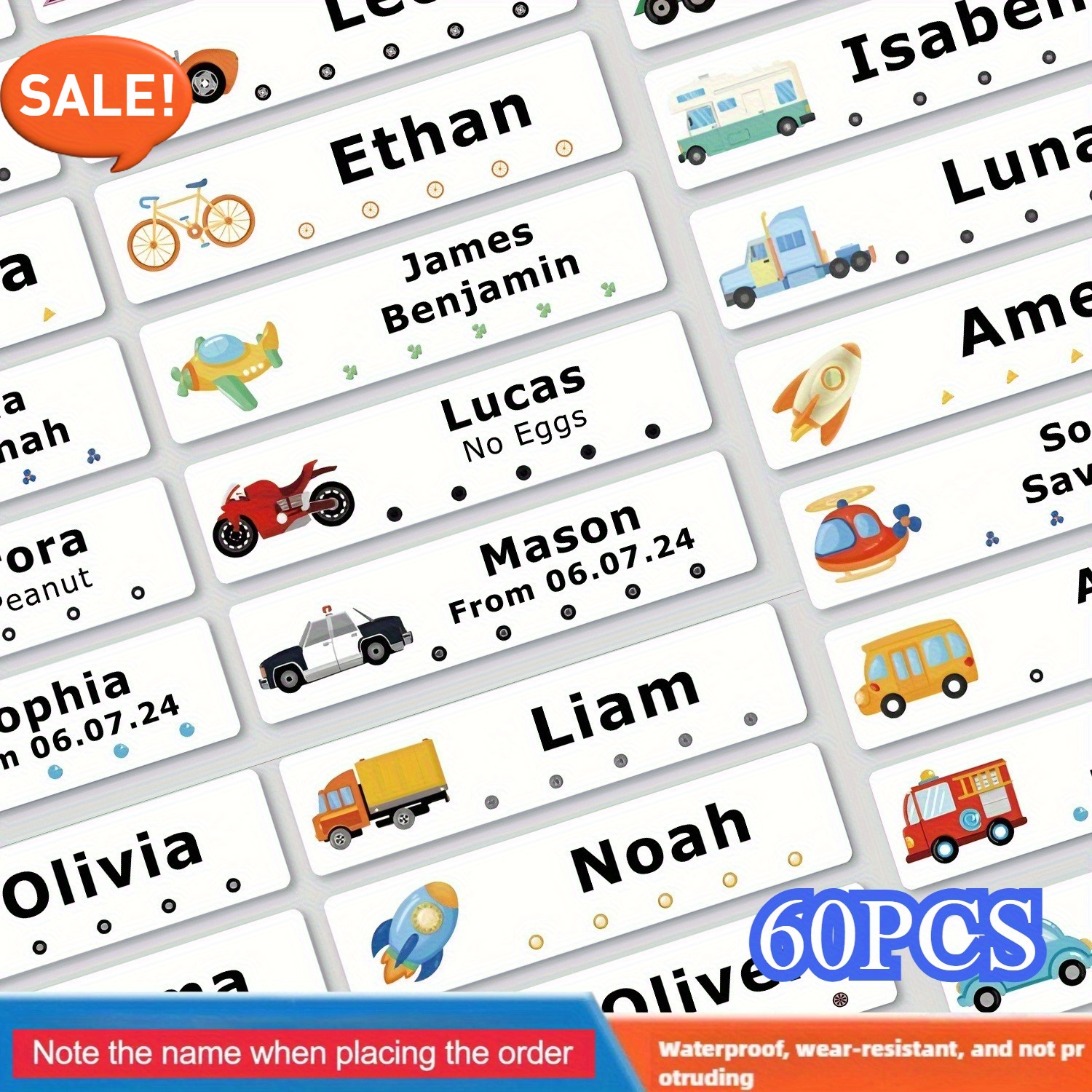 Image of 30/60/120/240/360pcs 4.6*1.1cm Long Multi-character Personalized Name Label Cartoon Car Vehicle Custom Stickers, Suitable For Bottle Backpack School Supplies