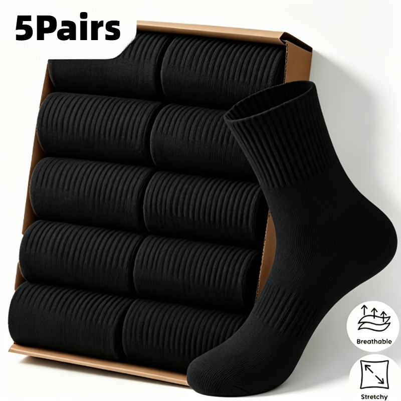 TEMU [ Socks] 10pcs/5 Pairs Premium Men's Sports Socks | Double Mid-calf | Black And White | Comfortable Casual Spring Summer Autumn Winter