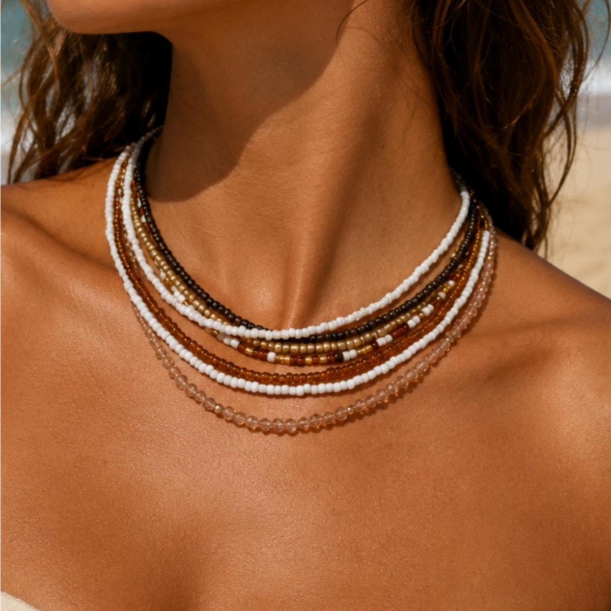 TEMU 7-strand Bohemian Versatile Woven Rice Bead   Women's Beaded Layered Necklace, Suitable For Beach Vacation Wear
