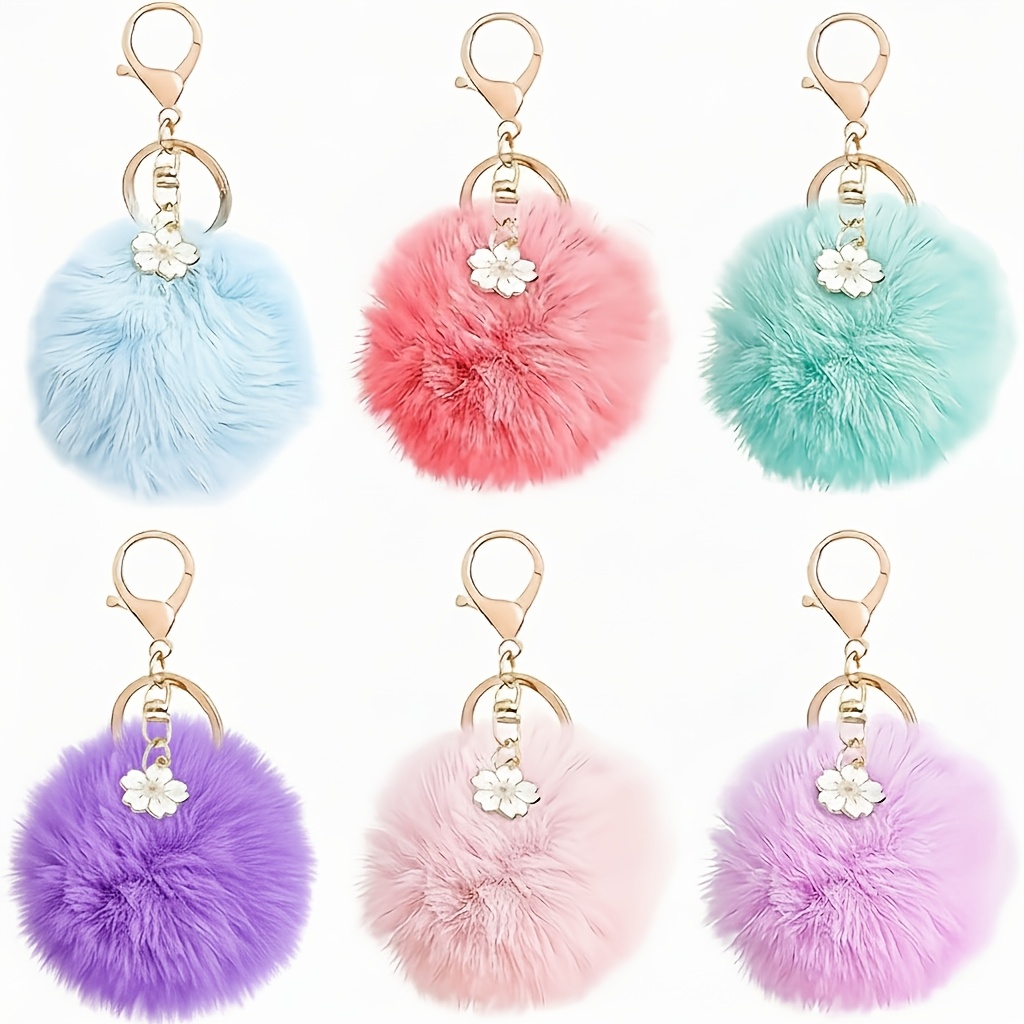 TEMU [6 piezas de llaveros] 6 piezas de llaveros de esponjosa | Dijes de pompón bohemio para bolso con flores | Accesorios de para bolso en 6 colores