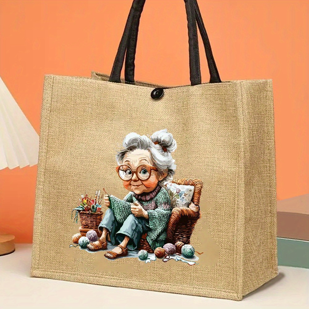 TEMU Large Capacity Jute Tote Bag With Grandma Knitting Illustration - , High-quality Handbag For Shopping, Travel, And