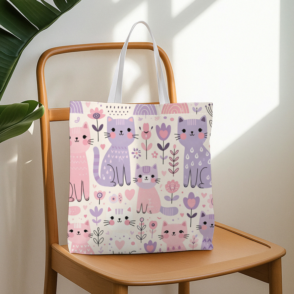 TEMU 【超可愛い】北欧風キャンバストートバッグ - 食料品買い物に最適。猫と花柄のパステルカラーが特徴で、広々としたデザイン。旅行、学校、通勤に最適。書籍やノートパソコンの持ち運びにも便利。