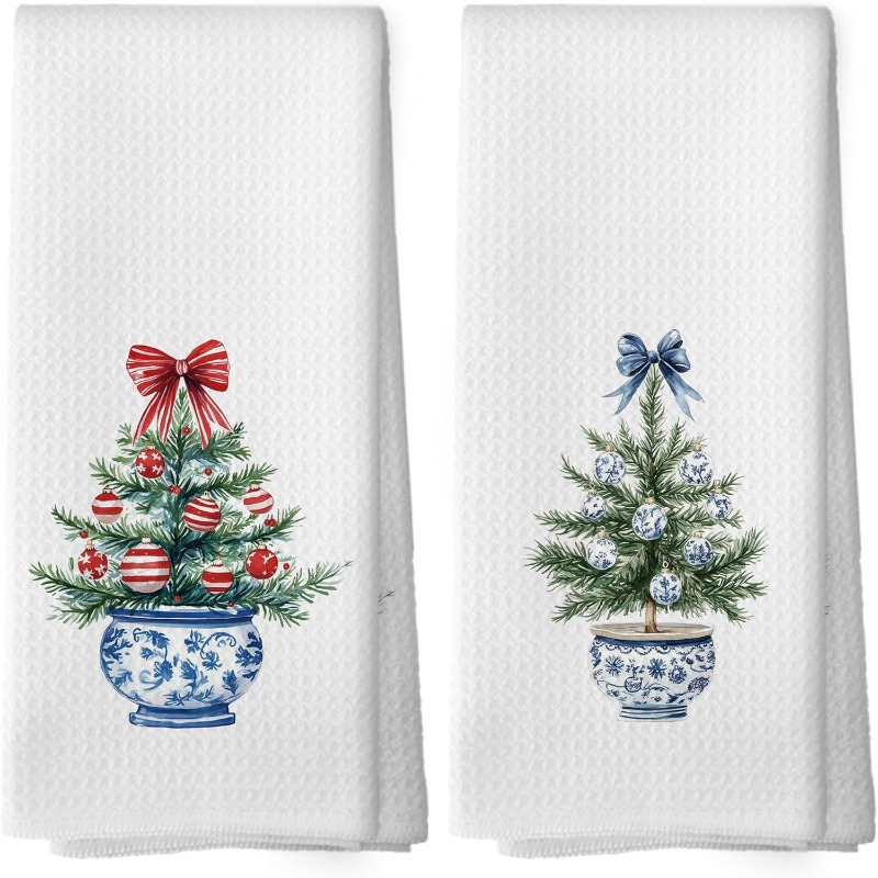 TEMU 2pcs 18*26inch Chinoiserie Christmas Tree Kitchen Towels, Christmas Tree Hand Towel For Bathroom, Preppy Bow Blue And White Chinoiserie Xmas Decorative Tea Towels Dish Towel