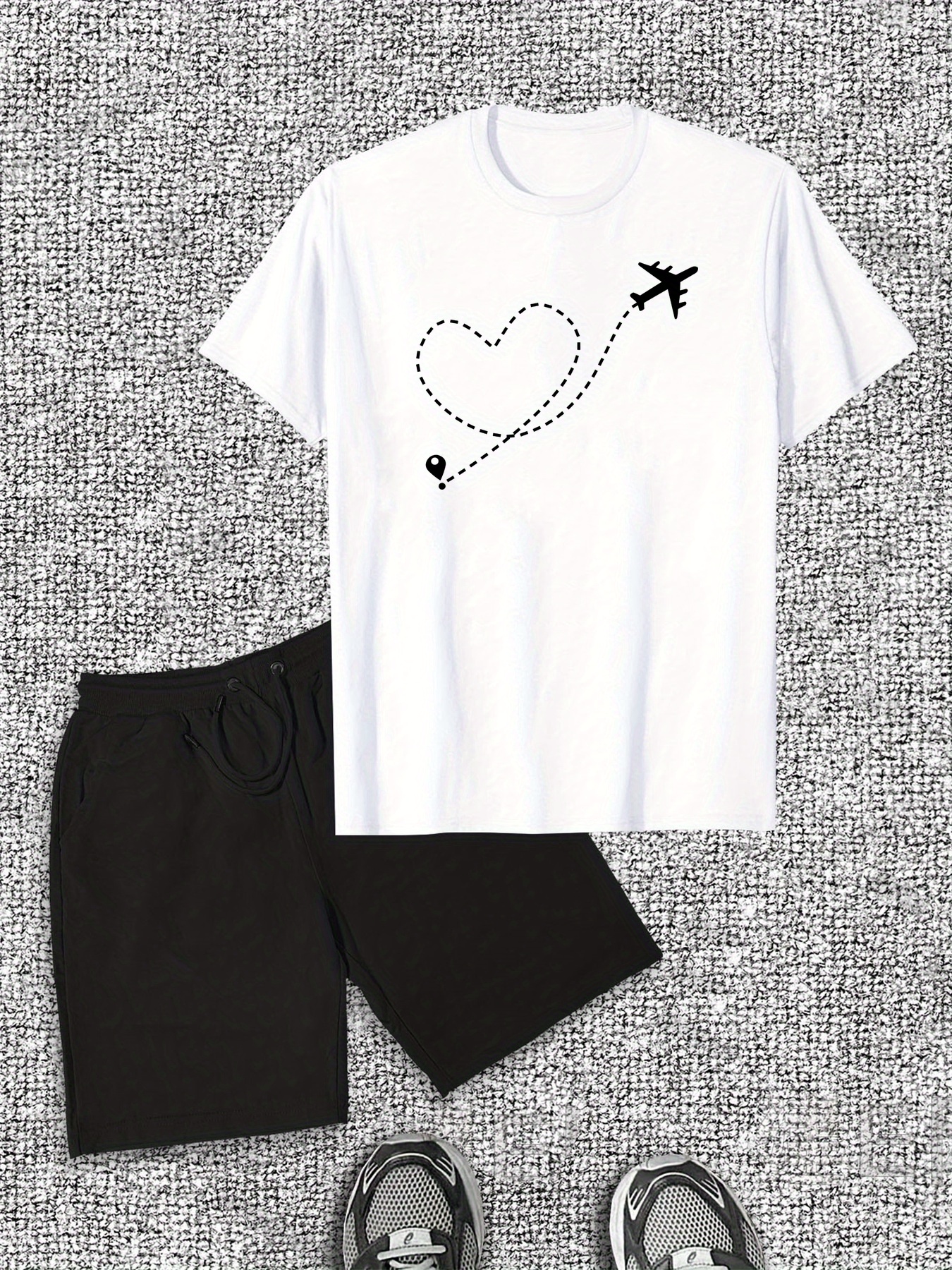 Men'S Casual Plane & Heart Graphic Tee & Shorts Set - Cotton, Round Neck, Lightweight & Breathable, Summer Casual Wear, Relaxed Fit, Breathable Fabric, Casual Summer Wear | Relaxed Fit Shorts | Comfortable Footwear, Plane Tee