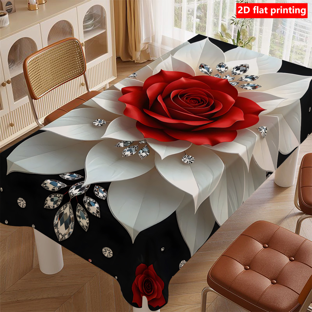 TEMU A 2d Flat Print Featuring A Luxurious Red Rose Diamond Design Tablecloth, From Durable Polyester Material, Perfect For Home, Kitchen, Dining