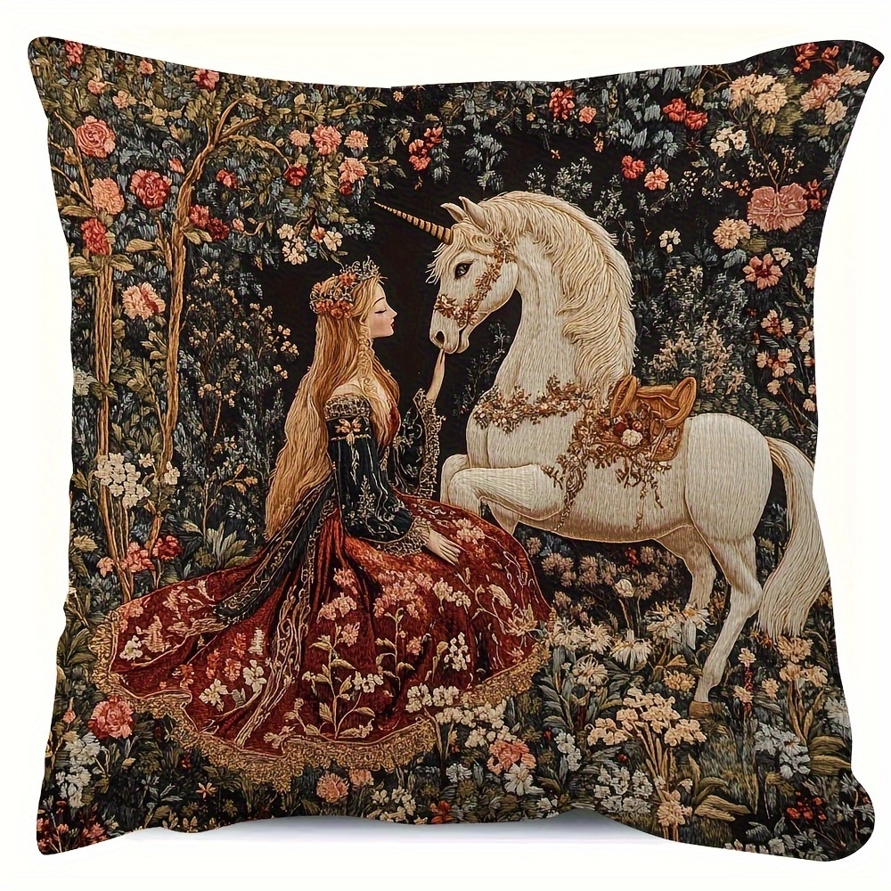 TEMU 1pc Unicorn And Medieval Lady Pillowcase, 18x18 Inches, With Zipper, Machine Washable – Ideal For Gothic, Victorian, And Fantasy Style Room