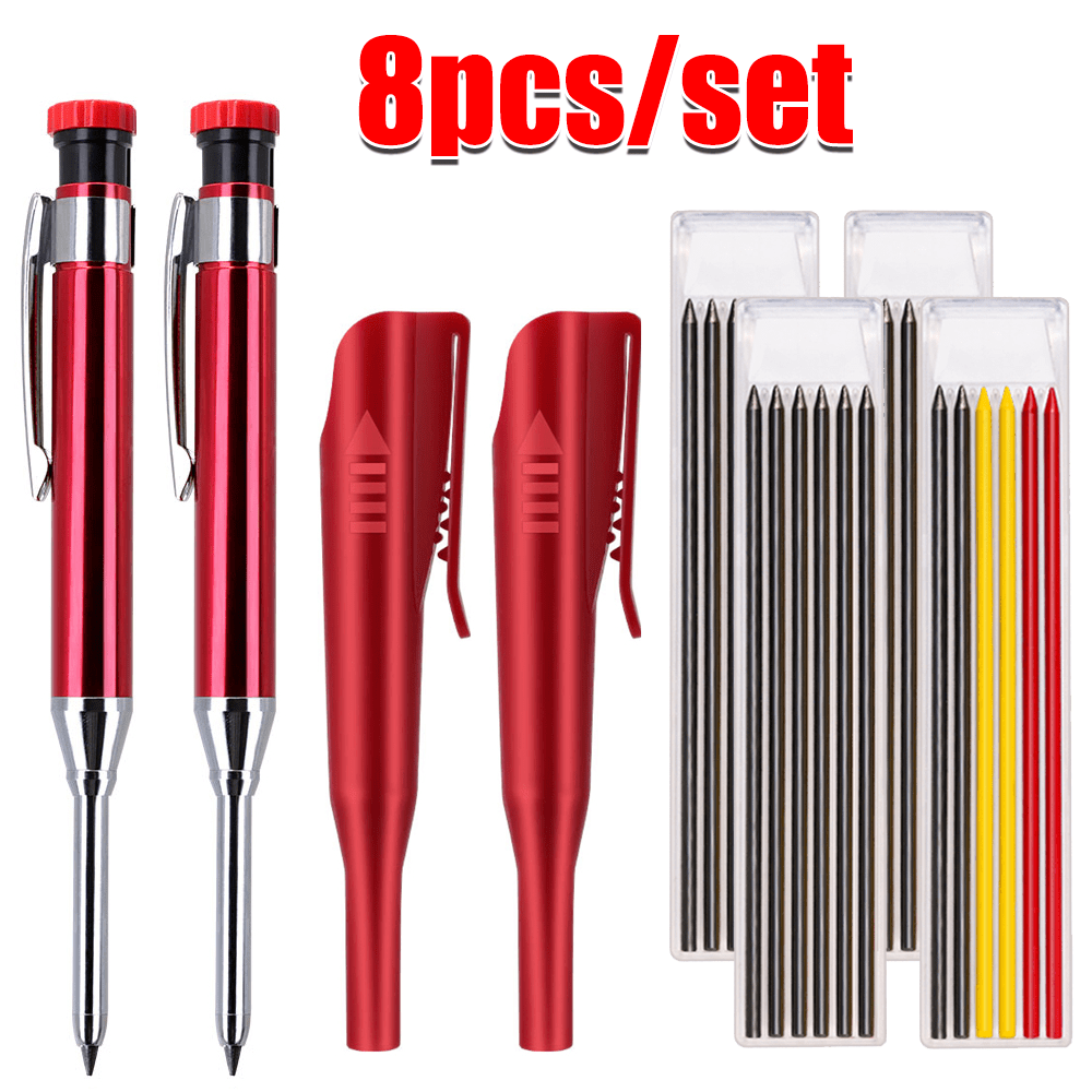 Image of Set Of Woodworking Pencils With Aluminum Barrels, Including 2 Pens, , And Of Hb Lead Break-resistant And In Colors, Perfect For Marking For Deep Holes, Office Supplies, And Engineering Sketches