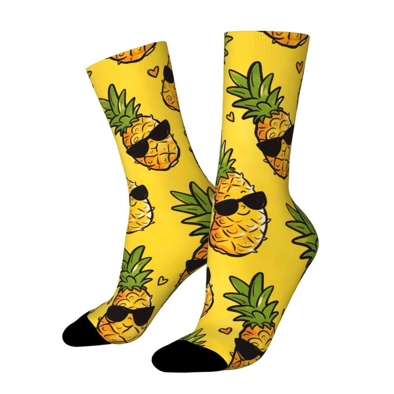 TEMU A Pair Of Unisex Outdoor Socks Featuring A Of Yellow Pineapples Wearing Glasses, Machine Washable, Perfect For Outdoor Sports Enthusiasts,