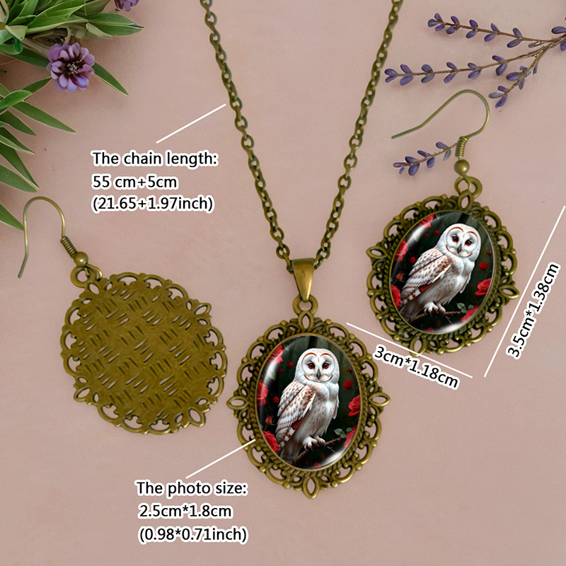 3pcs Rose White Owl Necklace & Earring Set