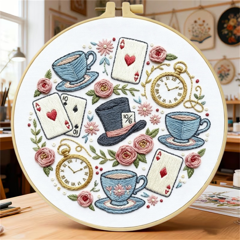 TEMU 1 Set Wonderland Tea Party Embroidery Kit | Playing Cards, Pocket Watch, Teacup, Rose, Design | Includes Embroidery Hoop, Printed Pattern,